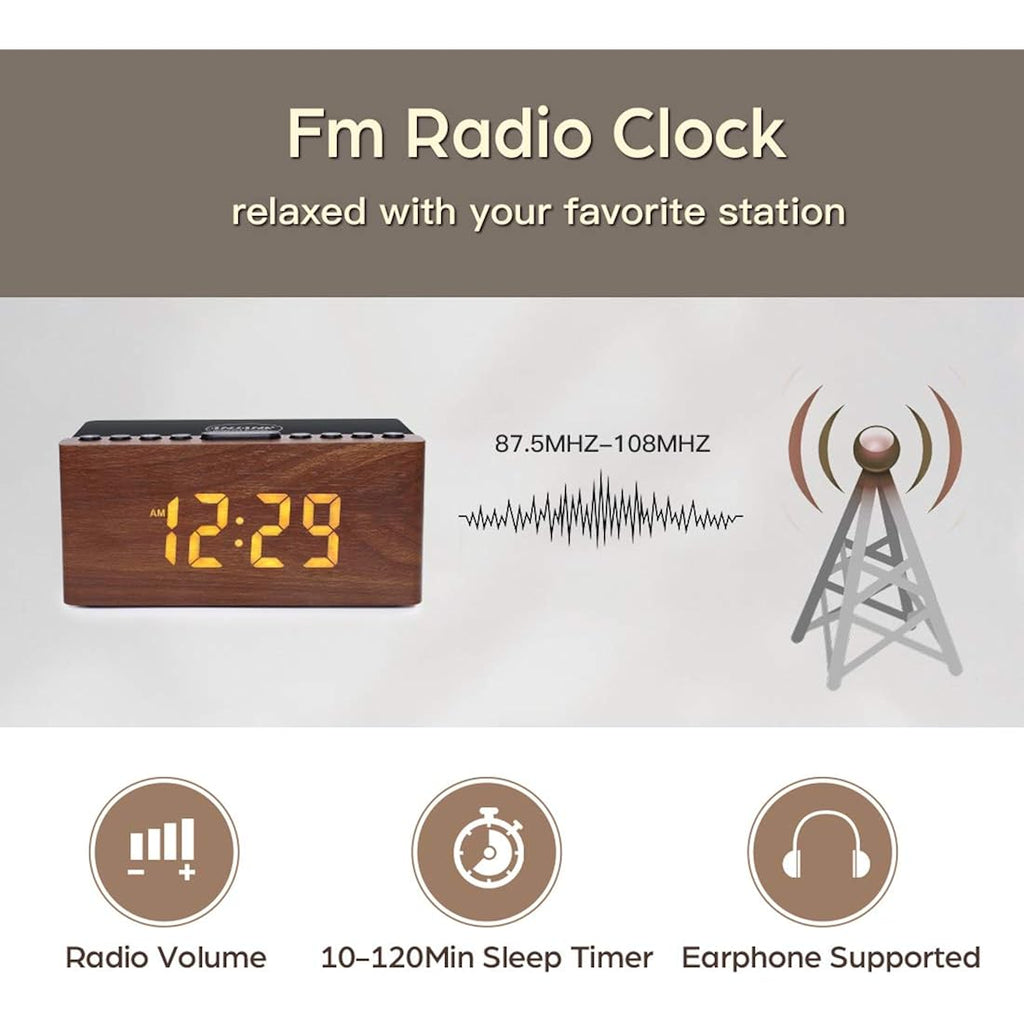 Anjank Wooden Digital Led Alarm Clock Fm Radio, Fast Wireless Charger Station For Iphone/Samsung Galaxy, 5 Level Dimmer, Usb Charging Port, 9 Sounds, Sleep Timer For Bedroom, Bedside, Desk