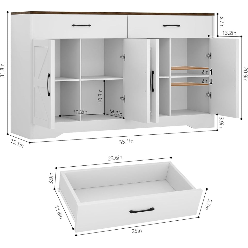 Sideboard Buffet Cabinet With Storage, 55.1" Large Kitchen Storage Sideboard With Drawers & Doors, Modern Wood Farmhouse Coffee Bar Cabinet, Buffet Table For Kitchen, Living Room, White, 55.1Inch