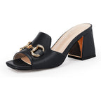 Gihubafuil Women'S Sandals Peep Toe Slides Chunky Heel Mules Single Band Comfort Slip-On Shoes With Metal Chain For Spring Summer