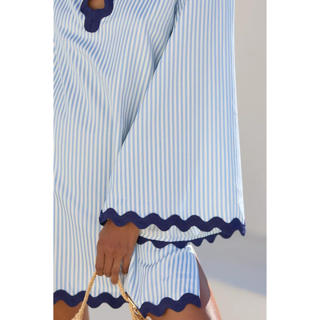 Vaoyiu Women'S Boho Striped V-Neck Dress Flowy Bell Sleeves Cover Up With Wavy Trim Beach Resort Kaftan Style