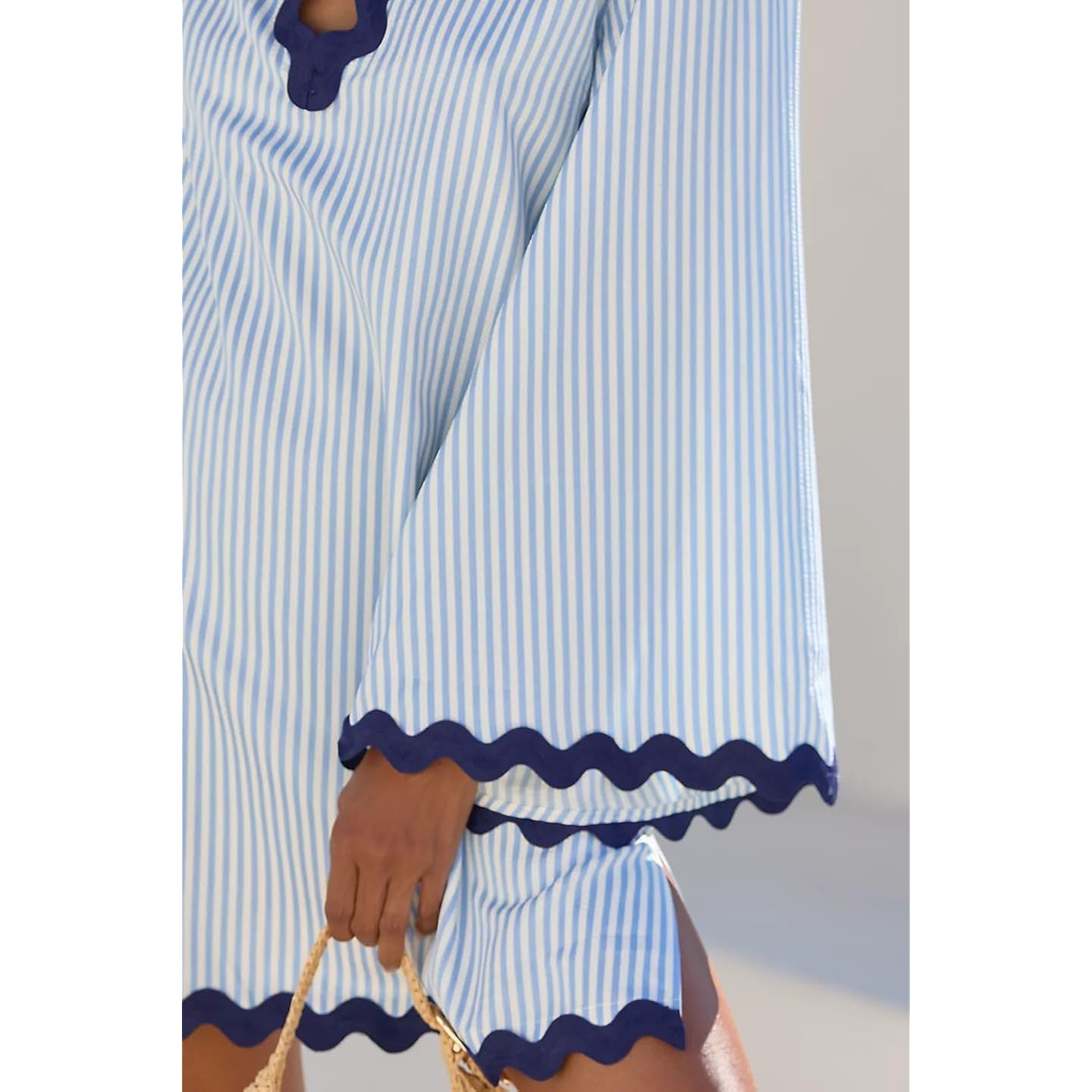 Vaoyiu Women'S Boho Striped V-Neck Dress Flowy Bell Sleeves Cover Up With Wavy Trim Beach Resort Kaftan Style