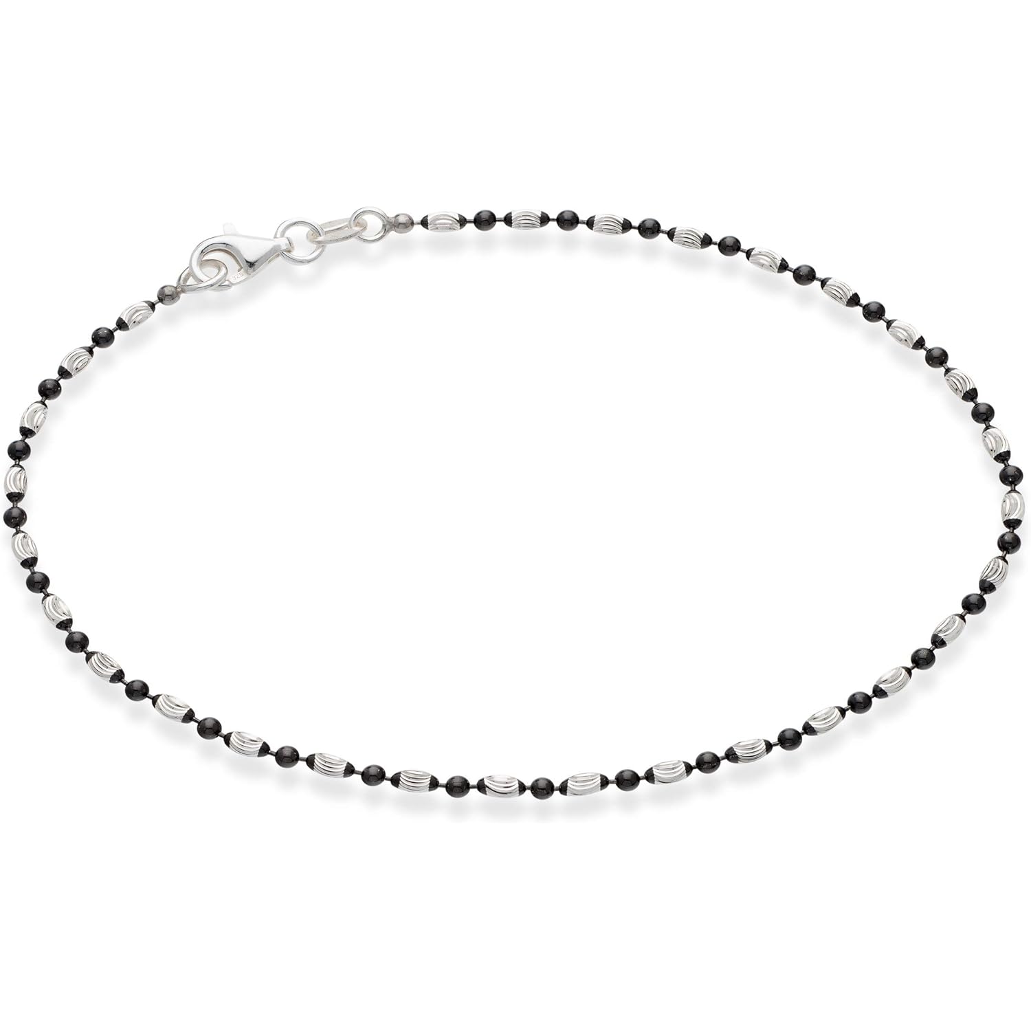 Miabella 925 Sterling Silver Diamond-Cut Oval and Round Bead Ball Chain Anklet Ankle Bracelet for Women, Made in Italy