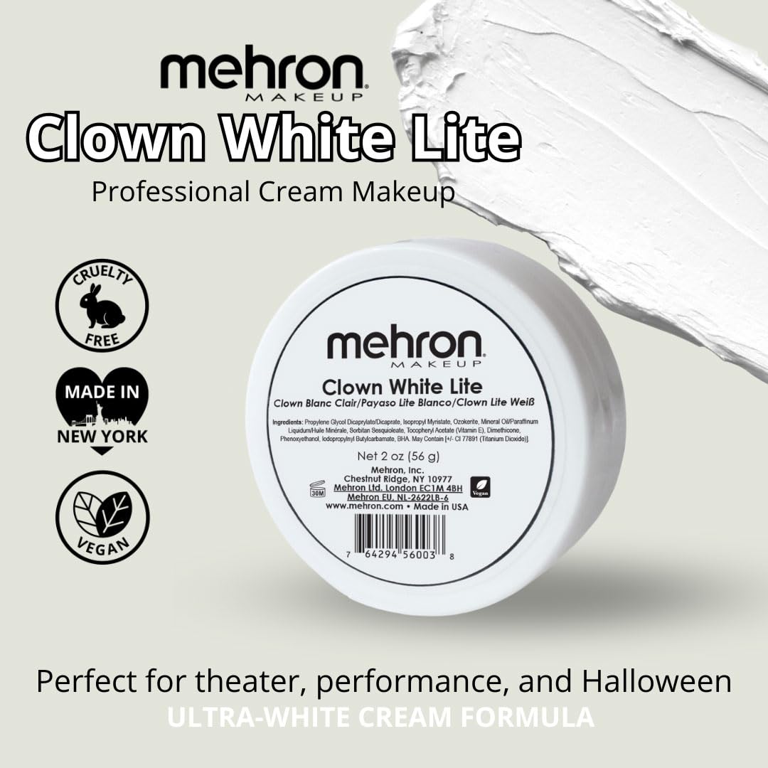 Mehron Makeup Clown White Lite | Professional Face Paint & Body Paint | White Cream Face Paint For Clown Makeup, Stage, Film, Cosplay, Mime, & Halloween 2 Oz (56G) | Made In The Usa