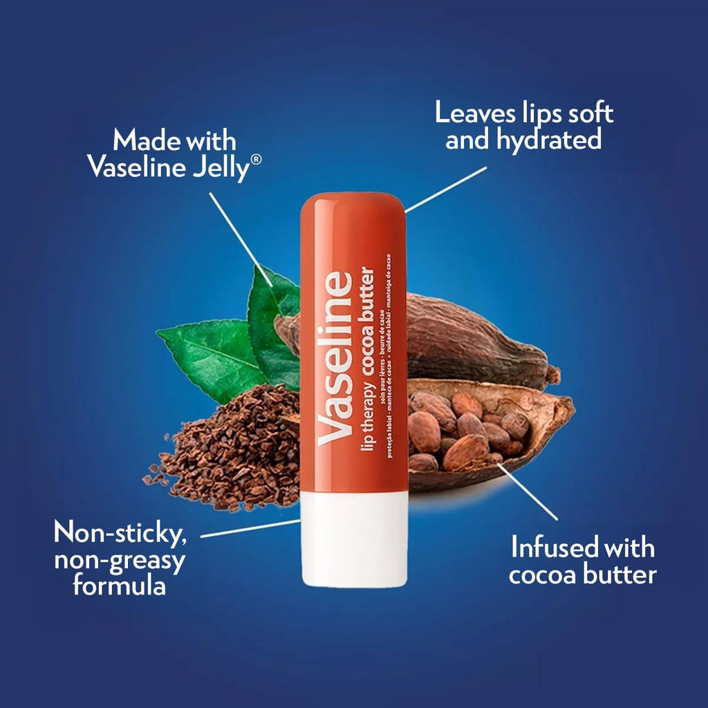 Vaseline Hand Cream 2-Pack – Hydra Replenish Crème with Hyaluronic Acid, Niacinamide & Cocoa Butter for Soft Skin + Cocoa Butter Lip Therapy Tube with Petroleum Jelly