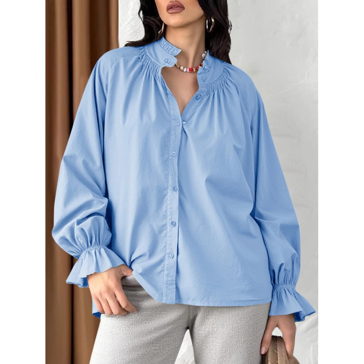 Womens Puff Long Sleeve Button Down Shirts Pleated V Neck Cotton Blouses Loose Fit Casual Ruffle Tops