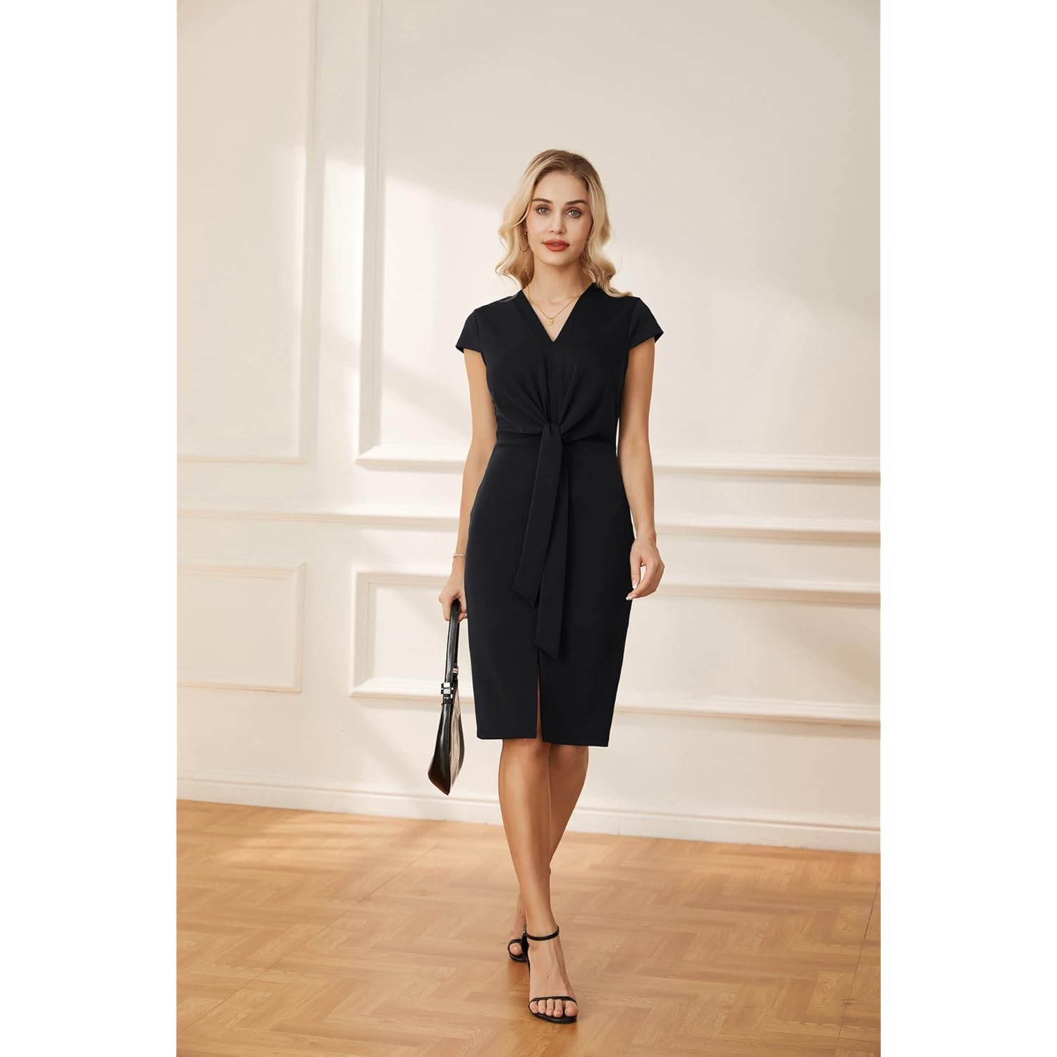 Women's Summer Midi Dresses Cap Sleeve Tie Waist Work Dress Slit V-Neck Bodycon Dress Business Casual Outfits
