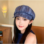 Womens Striped Octagonal Newsboy Cap Vintage Ivy Paperboy Cabbie Gatsby Painter Hats Fashion Beret Hat for Daily Navy-blue