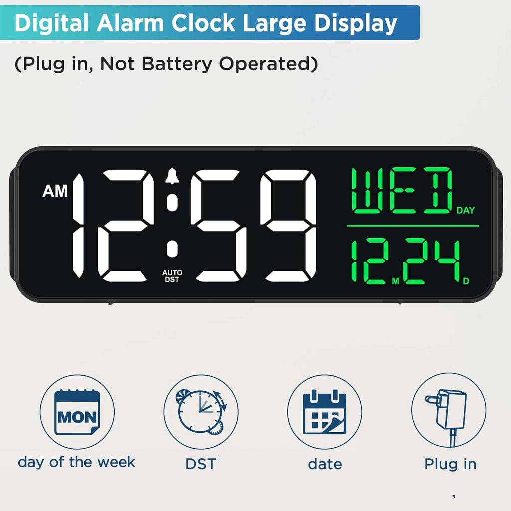 Peakeep Large Display Digital Alarm Clock For Bedroom With Date Day Of Week | Calendar Desk Table Clocks For Living Room Office, Dimmable Plug In Electric Clock Battery Backup, 5 Volumes, Loud, Auto Dst