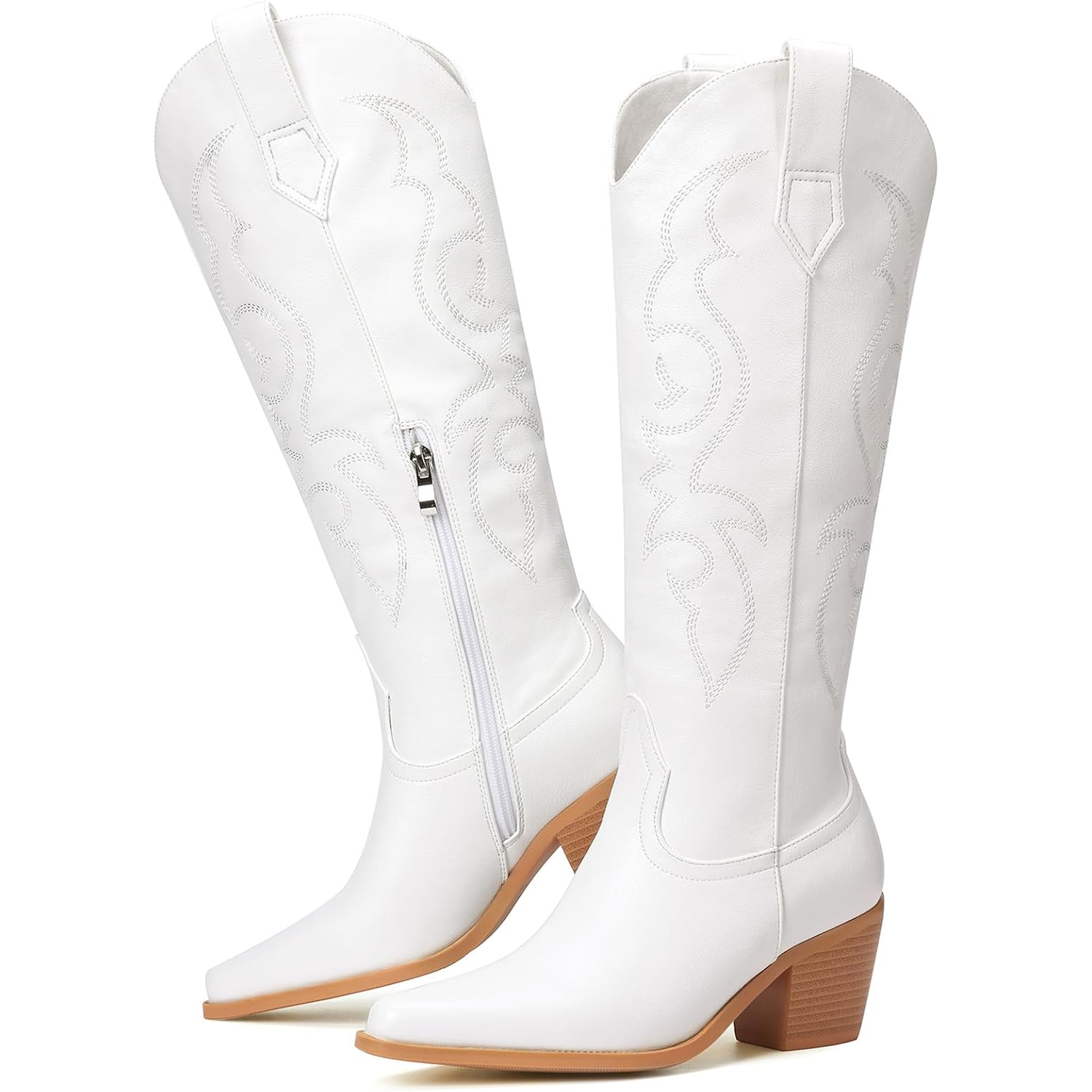 White Cowboy Boots For Women - Wide Calf Rhinestone Cowgirl Boots, Women Knee High Western Boots, Glitter Sparkly Ladies Tall Boots With Classic Embroidery And Side Zipper, Retro Classic Country Boots Pull On For Ladies