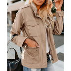 Womens Military Jacket Zip Up Snap Buttons Lightweight Utility Anorak Field Safari Coat Outwear