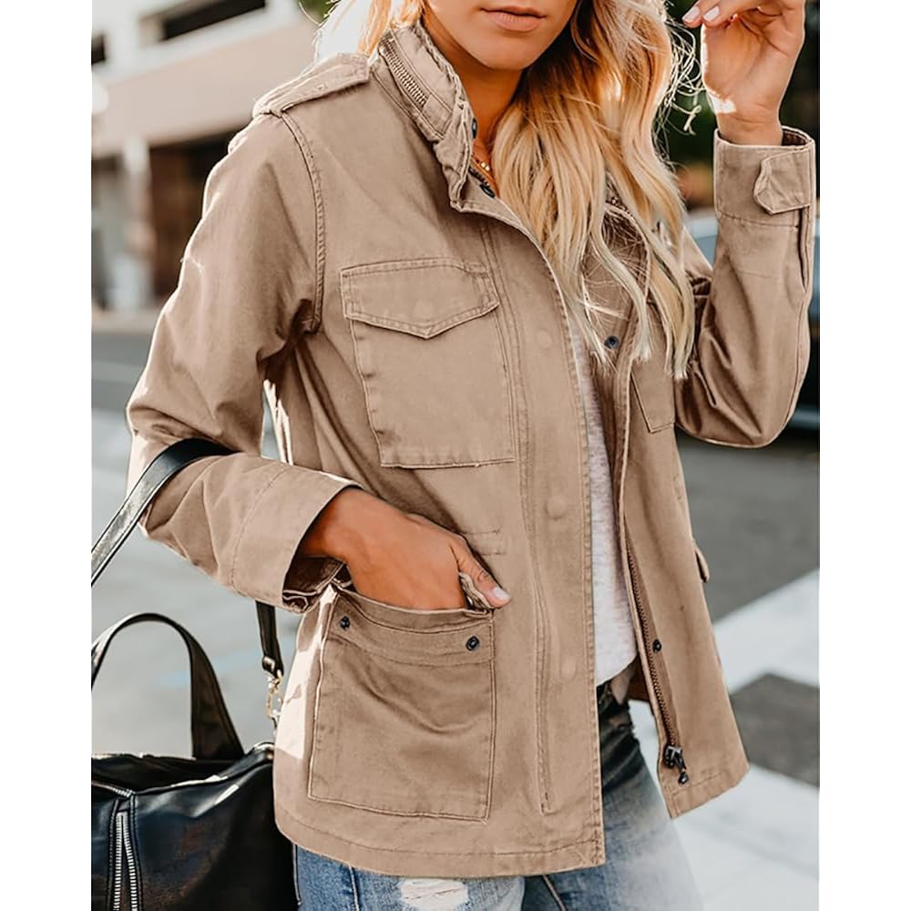 Womens Military Jacket Zip Up Snap Buttons Lightweight Utility Anorak Field Safari Coat Outwear