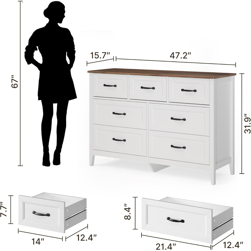 Gizoon Farmhouse 7 Drawers Dresser, White Chest Of Drawers With Metal Handles, 47" Wide Wooden Storage Organizer For Bedroom, Hallway, Living Room, Tabletop-Retro