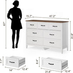 Gizoon Farmhouse 7 Drawers Dresser, White Chest Of Drawers With Metal Handles, 47" Wide Wooden Storage Organizer For Bedroom, Hallway, Living Room, Tabletop-Retro