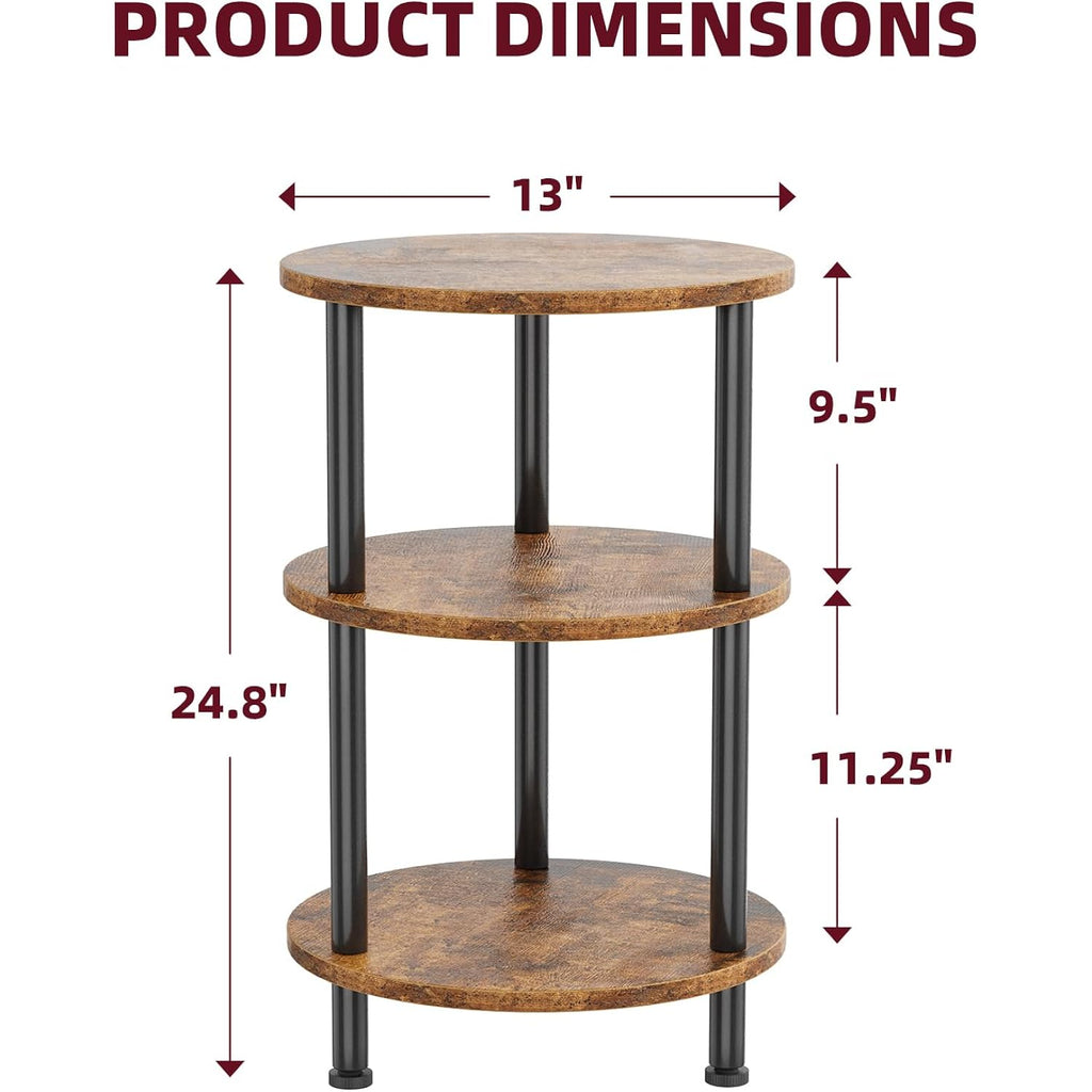 Simple Trending Side Table Living Room, Small Round End Table, 3 Tiers Accent Table For Small Spaces, Rustic Brown