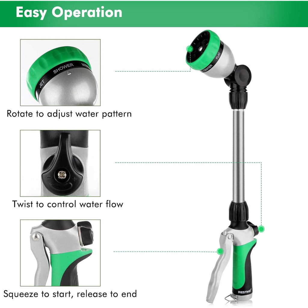 Restmo Heavy Duty Metal Hose Wand, Watering Wand For Garden Hose | 180° Swivel Ratcheting Head, 16'' Hose Sprayer, 7 Spray Patterns, Flow Control, Ideal For Hanging Baskets & Shrubs