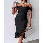 Chicme Womens Sexy Bodycon Party Dress Off The Shoulder Pearls Strap Midi Dress Ruffle Hem Cocktail Dresses