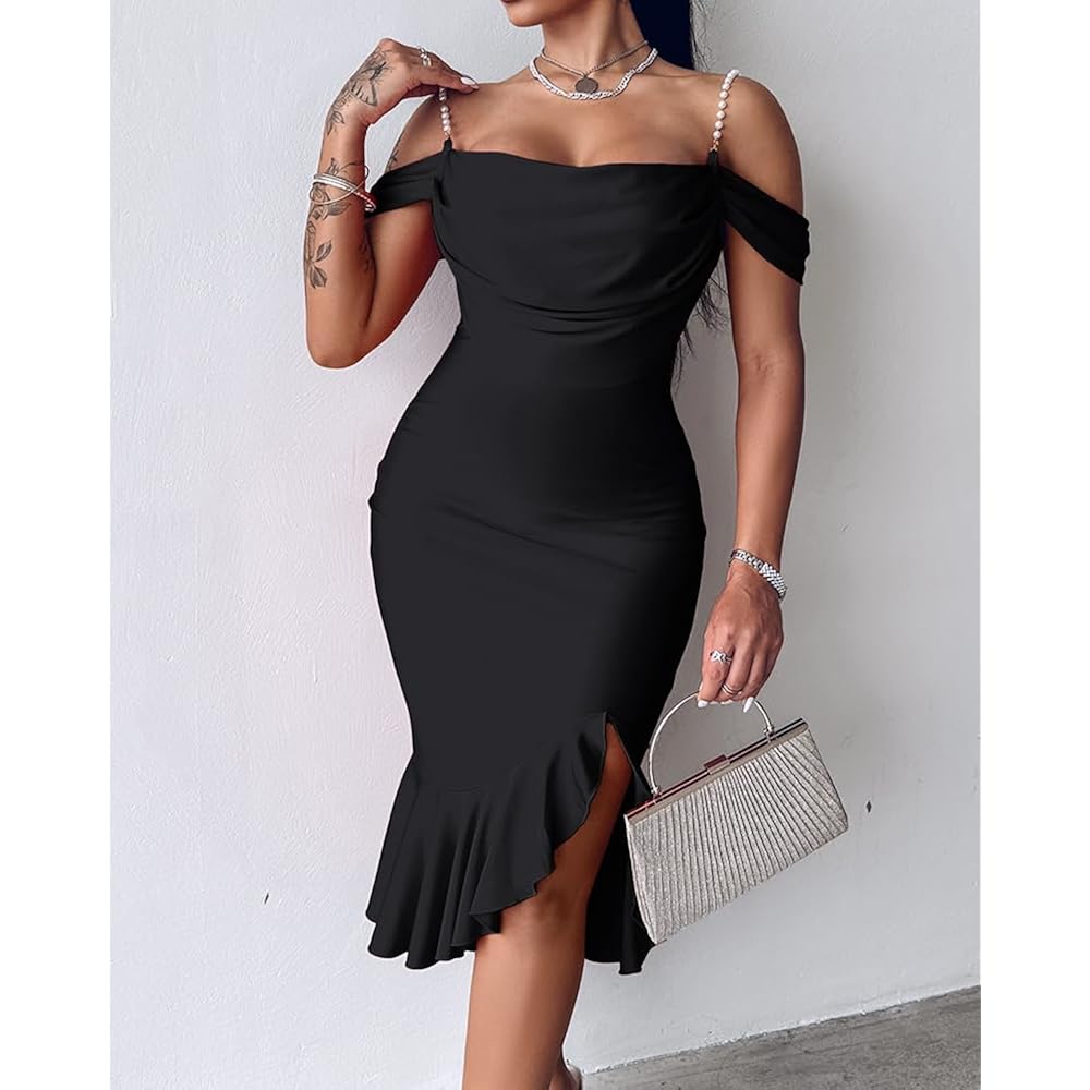 Chicme Womens Sexy Bodycon Party Dress Off The Shoulder Pearls Strap Midi Dress Ruffle Hem Cocktail Dresses
