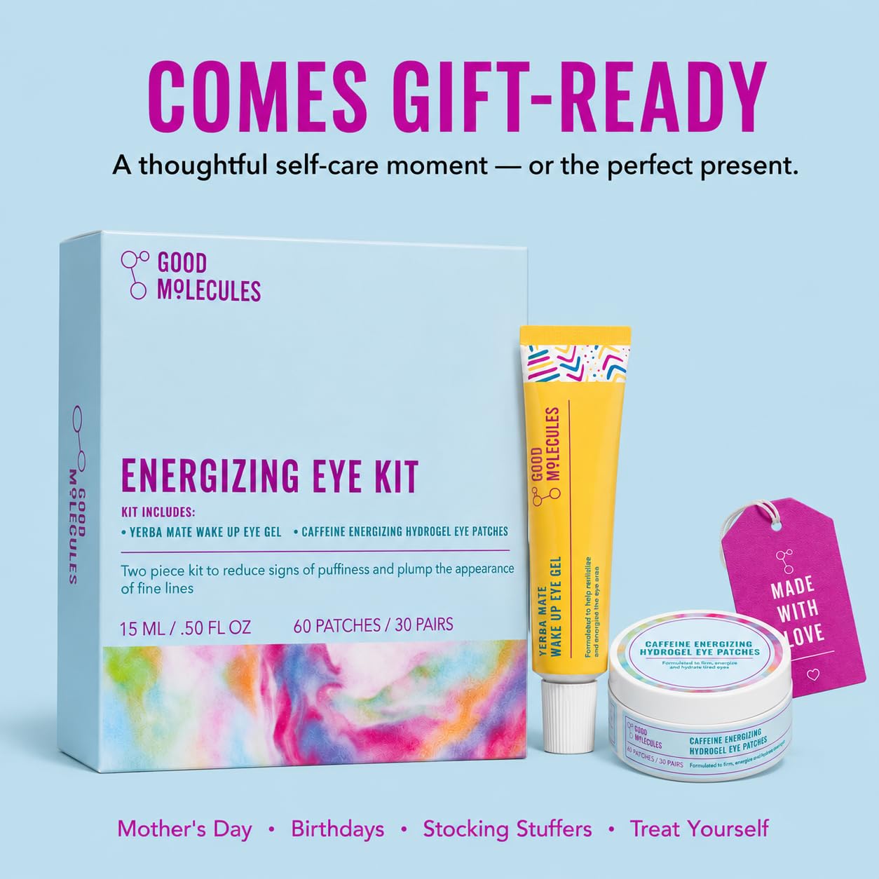 Good Molecules Under Eye Cream And Eye Patches For Dark Circles, Puffiness And Tired Eyes - Yerba Mate Eye Gel (15Ml) And Caffeine Hydrogel Eye Patches (60 Patches / 30 Pairs) - Morning Eye Care Set