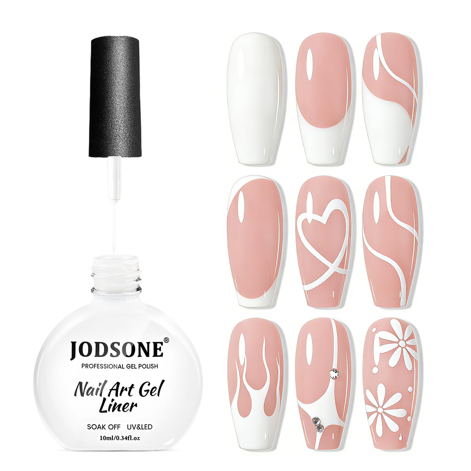 JODSONE White Swirl Nail Art Liner Gel Polish,10ml Classic Color 3D Nail Art Pens Effect Nail Print Design with Thin Brush for French Tips Manicure Painting DIY at Home - LB02