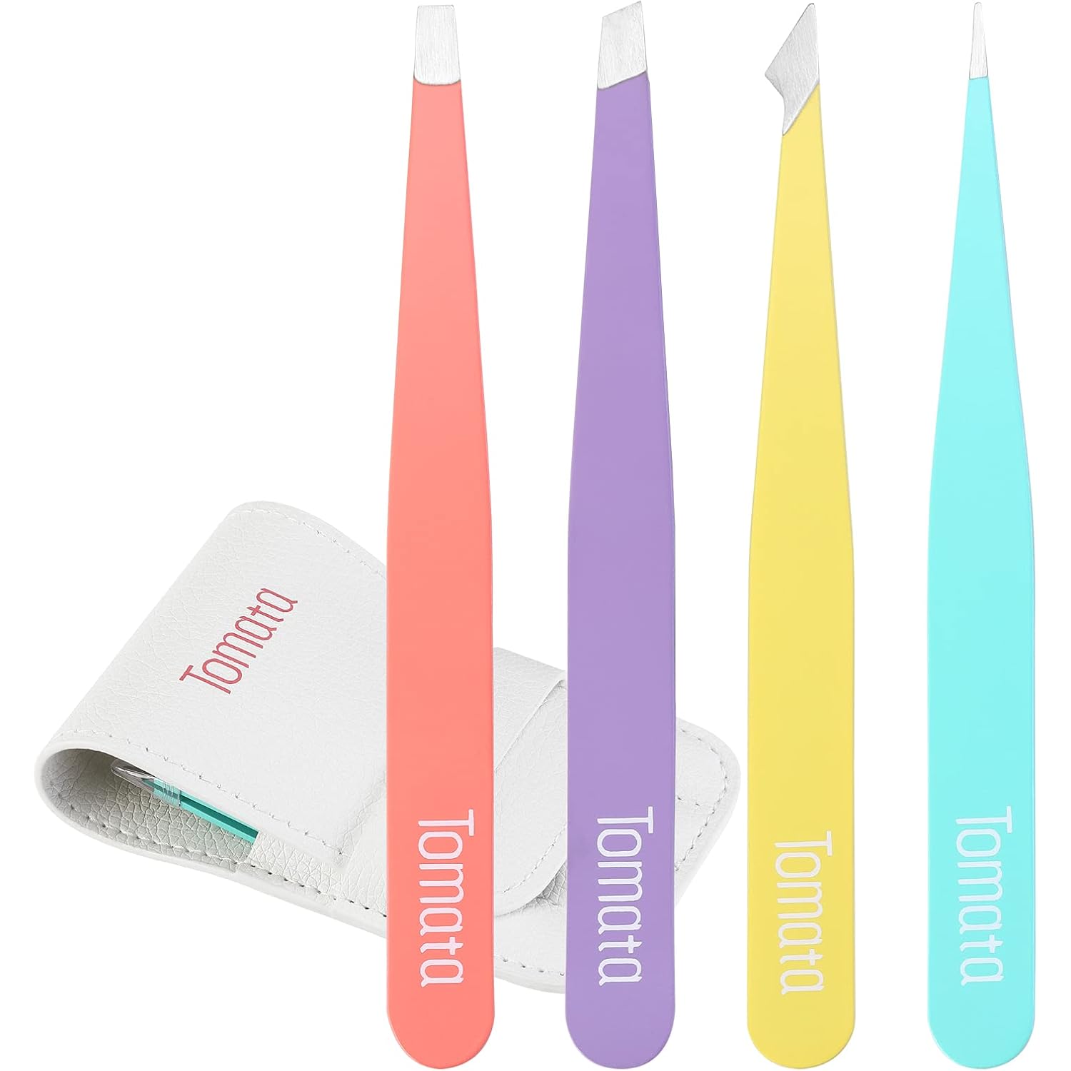 Tomata Tweezers for Eyebrows, Slant Tip and Pointed Eyebrow Tweezer Set Great Precision for Eyebrows Facial Hair, Ingrown Hair, Splinter, Blackhead and Tick Remover (4-piece) (Multi-color)