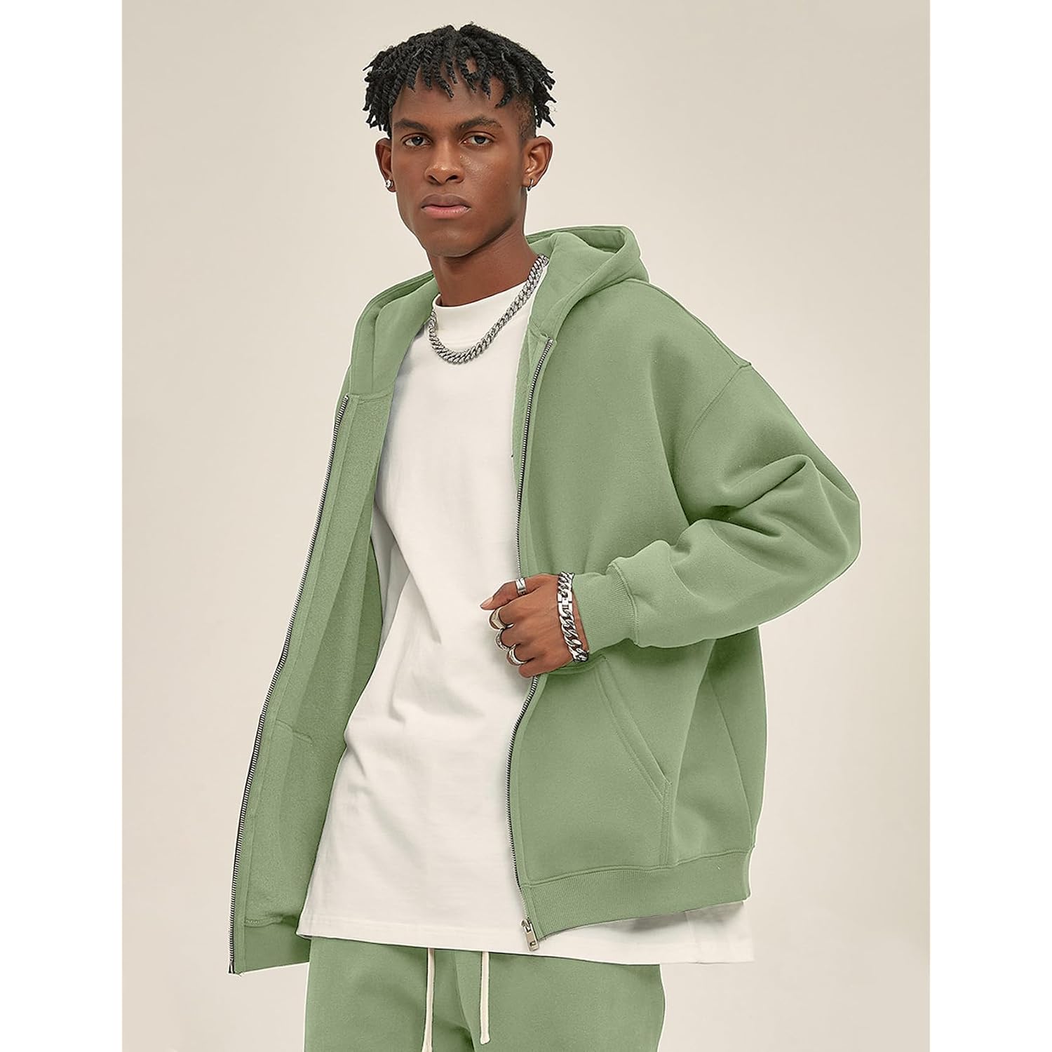 Flygo Mens Zip Up Hoodies Oversized Fleece Long Sleeve Drop Shoulder Hooded Sweatshirt Trendy Vintage Streetwear