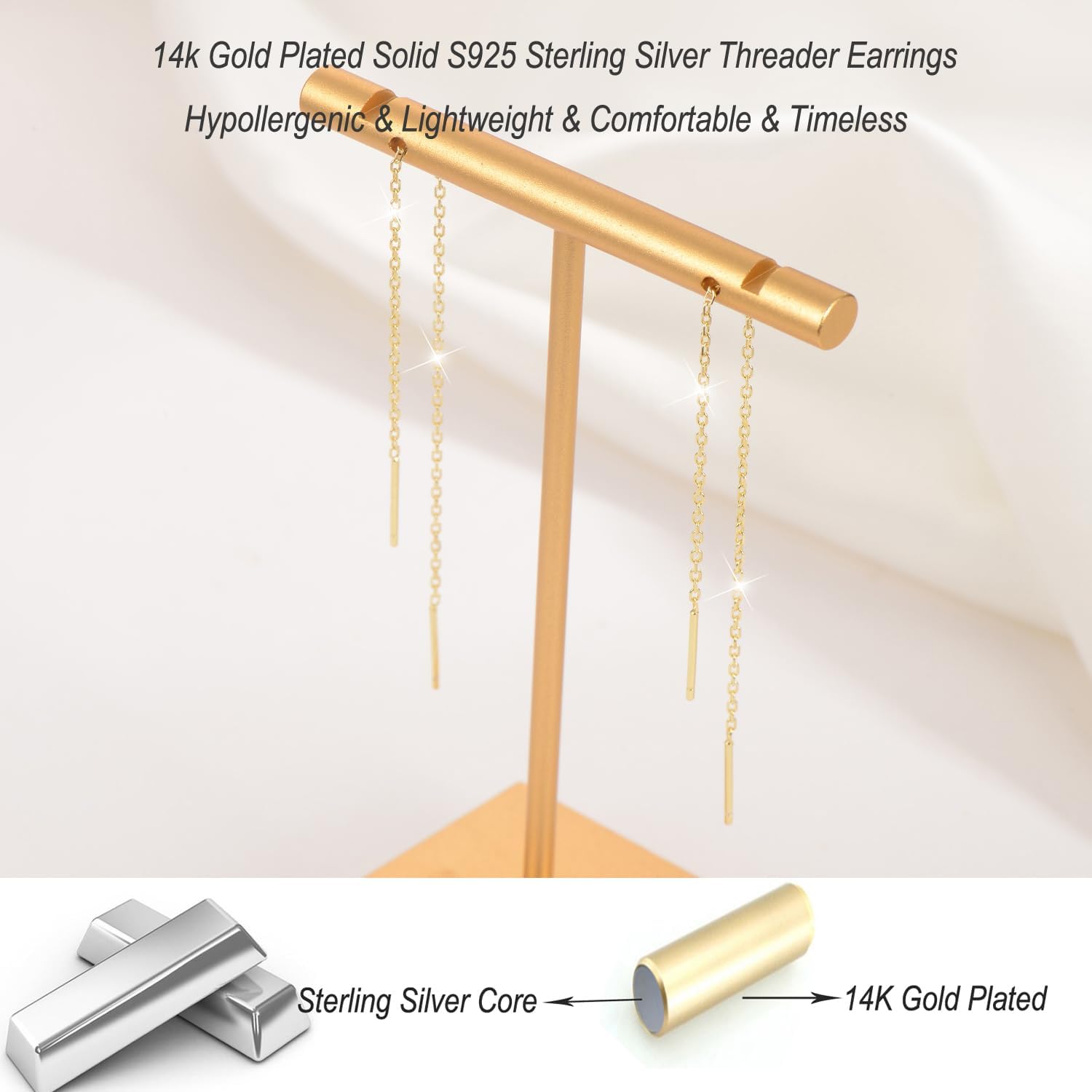 Sterling Silver Threader Chain Dangle Earrings,Versatile & Comfortable Hypoallergenic Silver Earrings 4.8 Inches