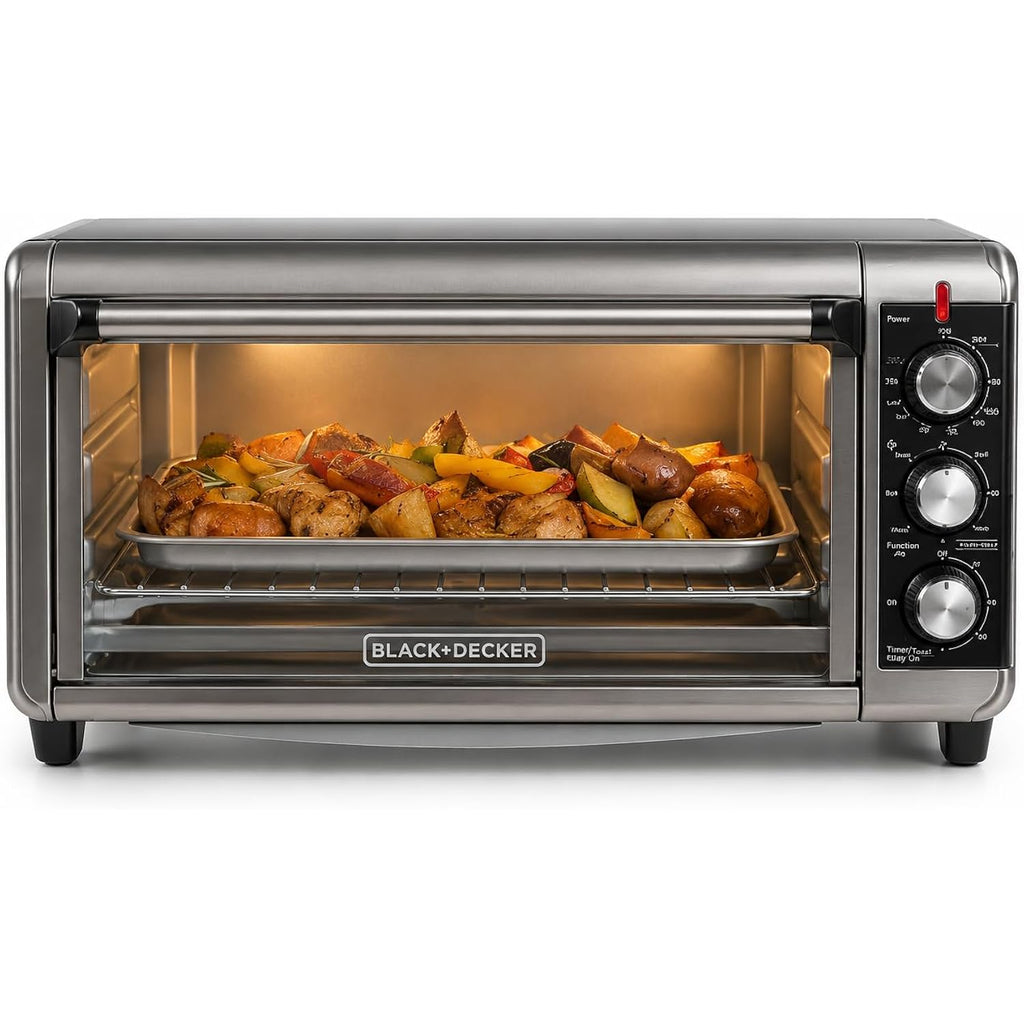 Black+Decker To3250Xsbd 8-Slice Extra Wide Convection Countertop Toaster Oven, Includes Bake Pan, Broil Rack & Toasting Rack, Stainless Steel/Black