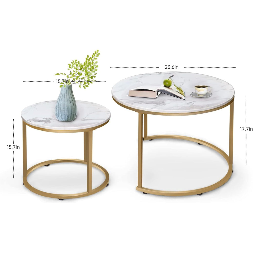 Aboxoo Coffee Table Nesting White Set Of 2 Side Set Golden Frame Circular Round And Marble Pattern Wooden Tables, Living Room Bedroom Apartment Modern Industrial Simple Nightstand