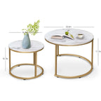 Aboxoo Coffee Table Nesting White Set Of 2 Side Set Golden Frame Circular Round And Marble Pattern Wooden Tables, Living Room Bedroom Apartment Modern Industrial Simple Nightstand