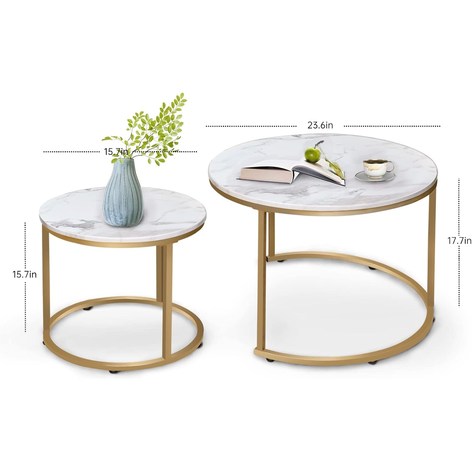 Aboxoo Coffee Table Nesting White Set Of 2 Side Set Golden Frame Circular Round And Marble Pattern Wooden Tables, Living Room Bedroom Apartment Modern Industrial Simple Nightstand