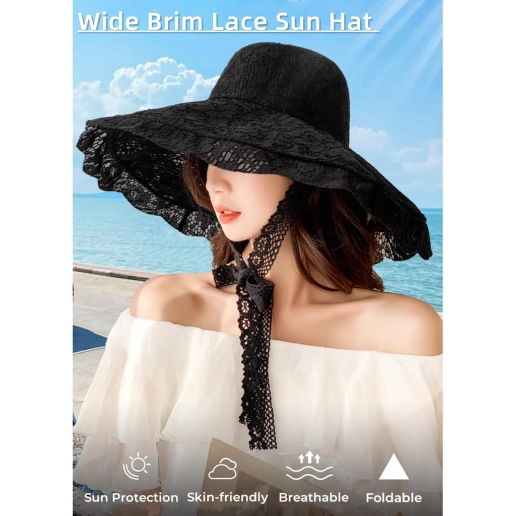 Women Sun Hat Wide Brim Lace Sunscreen Hat with Ribbon Folding Beach Cap Summer Sun Hat Elegant Vintage Dress Hats Black