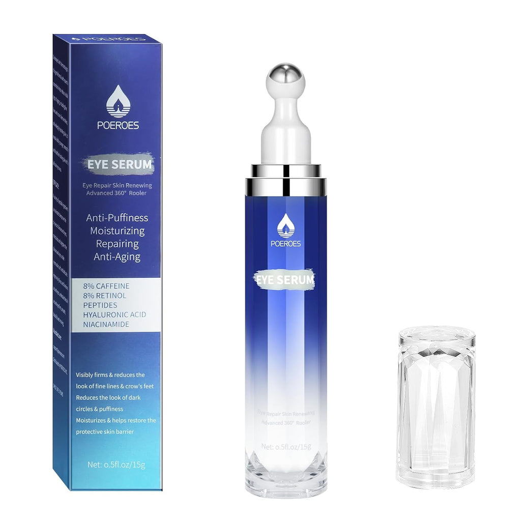 Eye Serum With 8% Caffeine & 8% Retinol, Under Eye Cream With Hyaluronic Acid, Niacinamide & Peptides, 360° Cooling Roller For Dark Circles, Puffiness, Fine Lines & Wrinkles, 0.5 Fl Oz