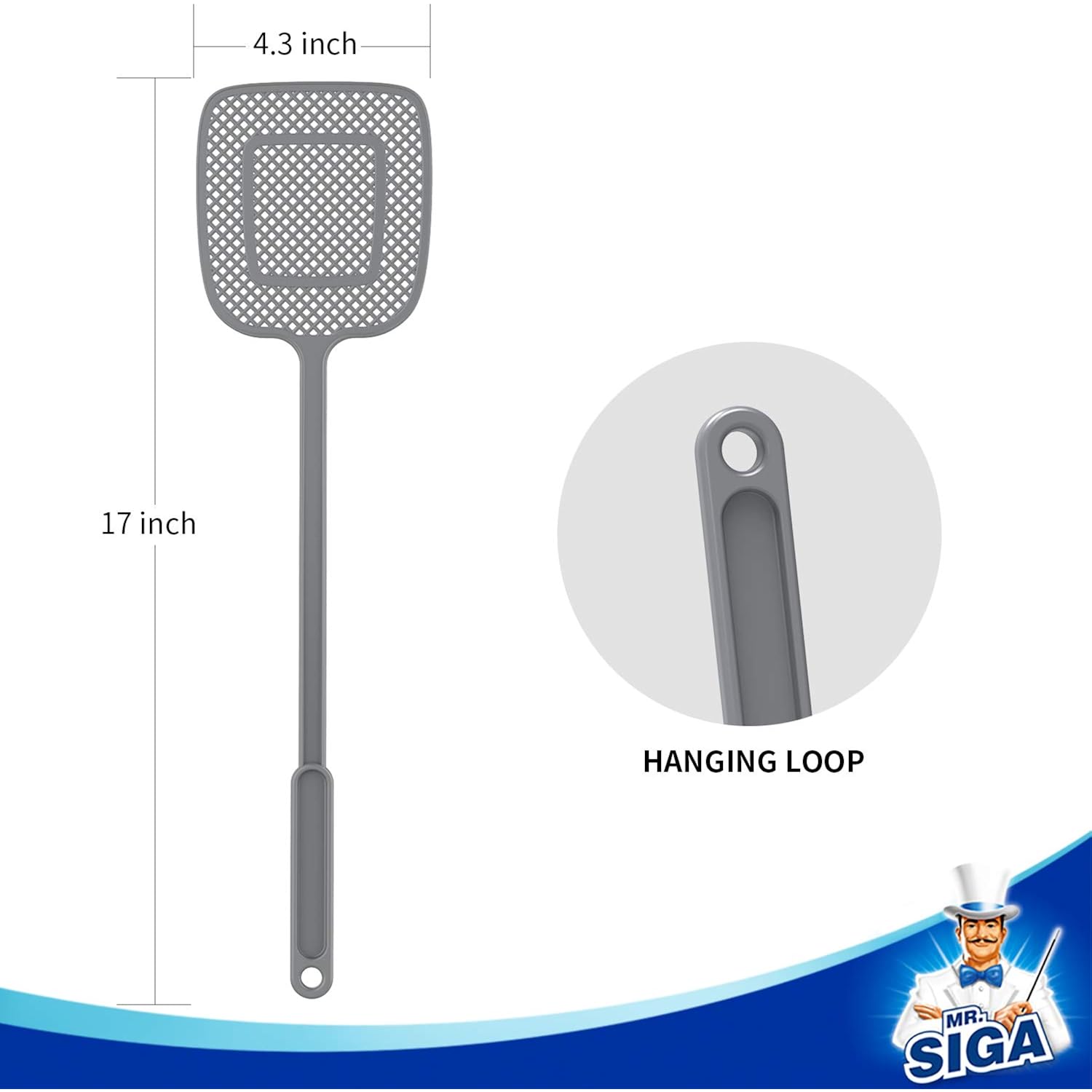 Mr.Siga Heavy Duty Long Handle Fly Swatter, Gray, 6 Pack | Fly Swatter For Indoors, Manual Fly Killer, Bug Swatter