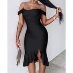Chicme Womens Sexy Bodycon Party Dress Off The Shoulder Pearls Strap Midi Dress Ruffle Hem Cocktail Dresses