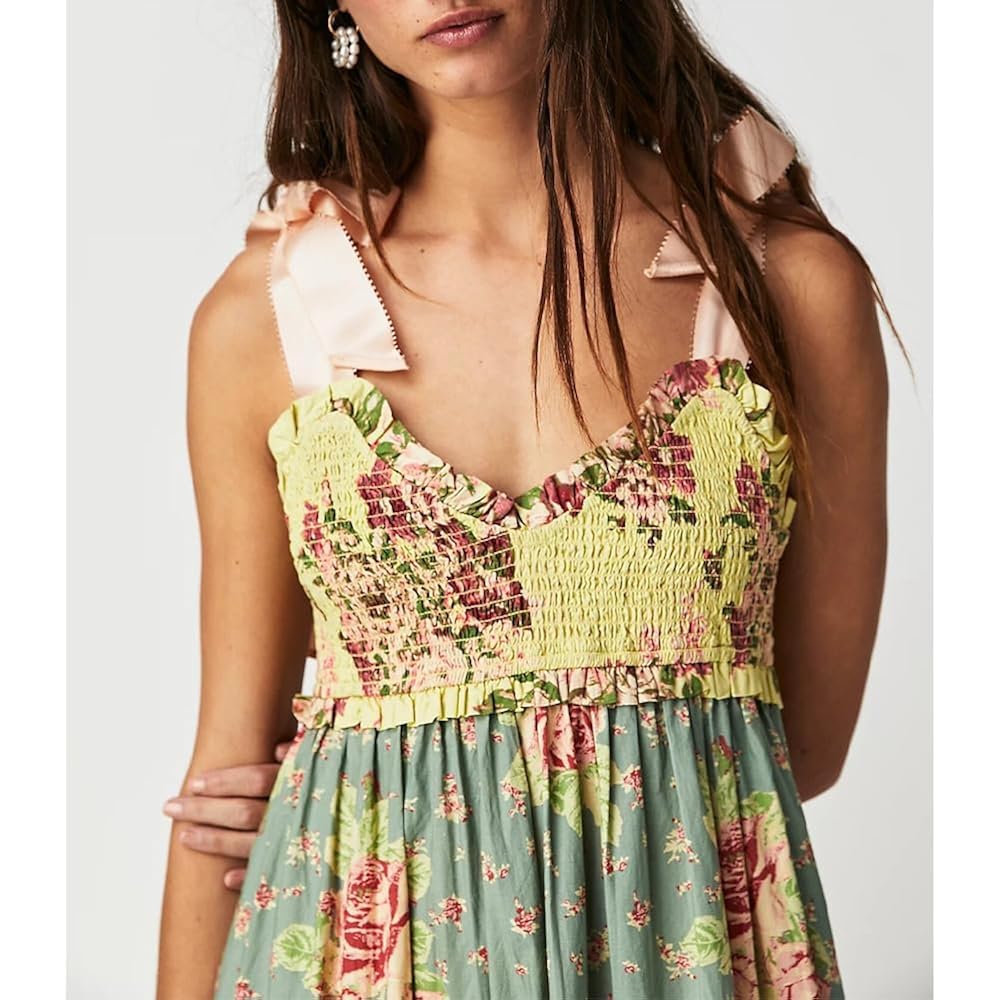 Abyovrt Women Floral Maxi Dress Tie Shoulder Patchwork Smocked Flowy Boho Dress With Pockets Summer Vacation Sundress