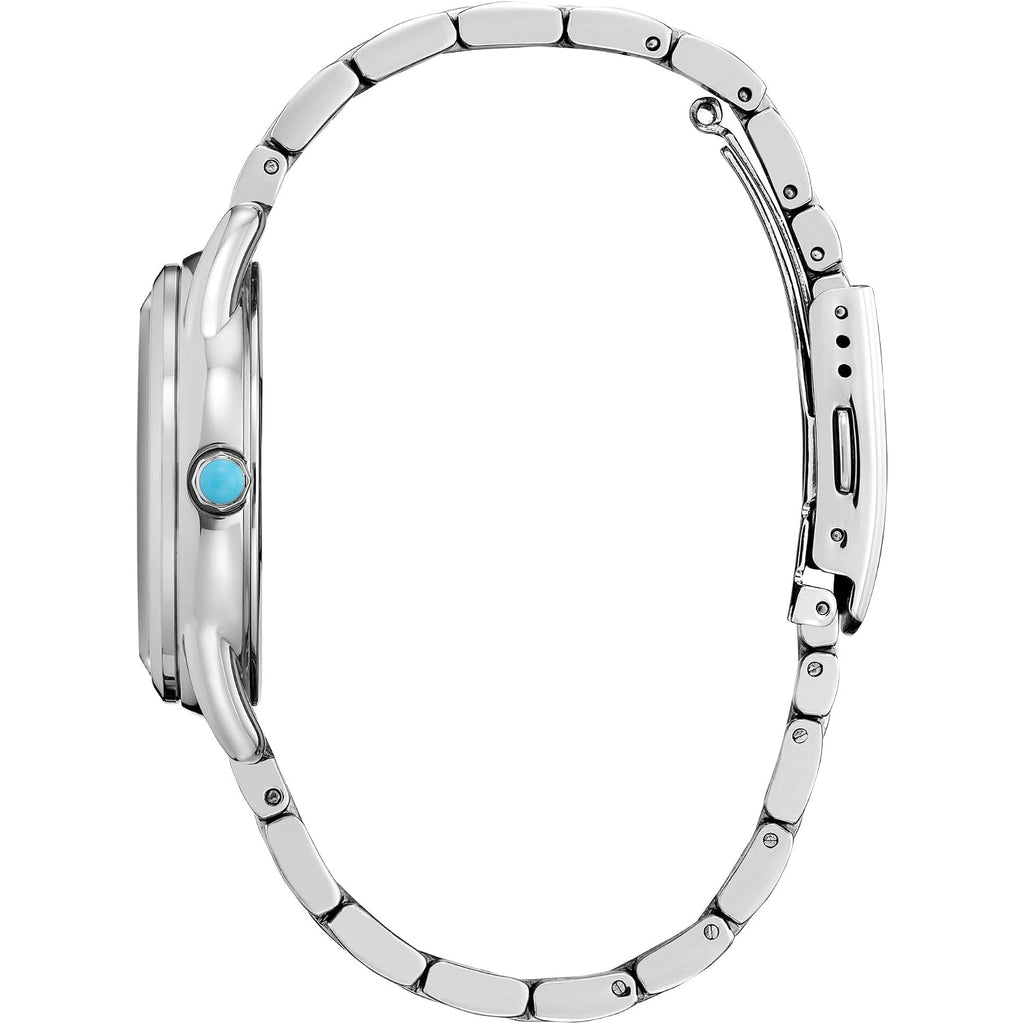 Citizen Women'S Eco-Drive Disney Princess Frozen Crystal Watch And Pin Gift Set In Silver Stainless Steel Watch, Blue Dial (Model: Fe7091-61W)