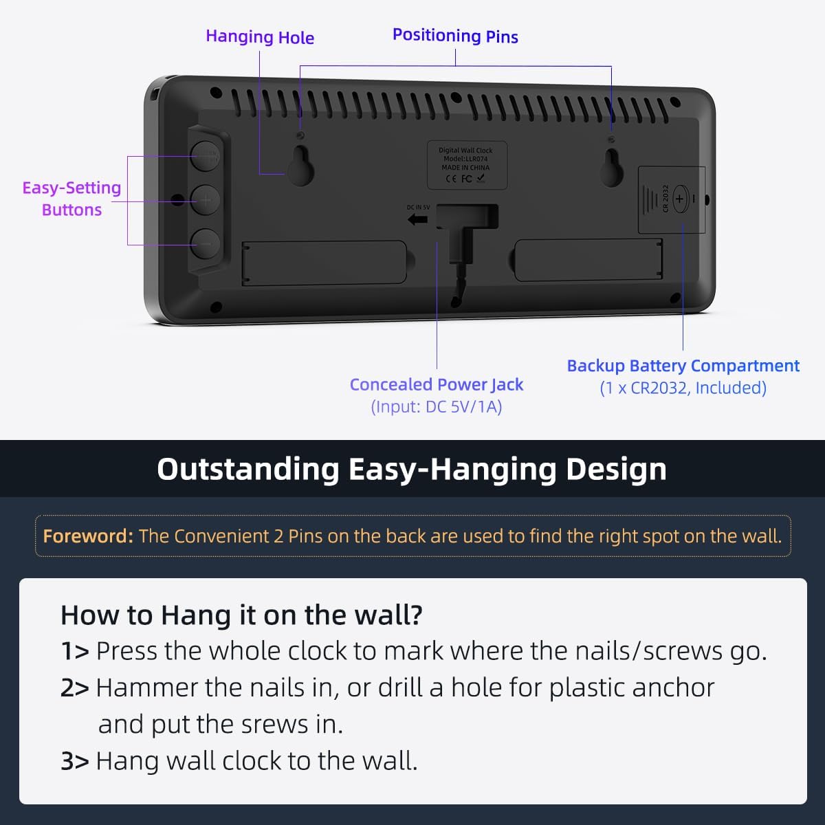 Led Digital Wall Clock With Dynamic Rgb Display, Big Digits, Auto-Brightness, 12/24Hr Format, Modern Electric Small Silent Wall Clock For Living Room, Bedroom, Classroom, Farmhouse, Kitchen, Office