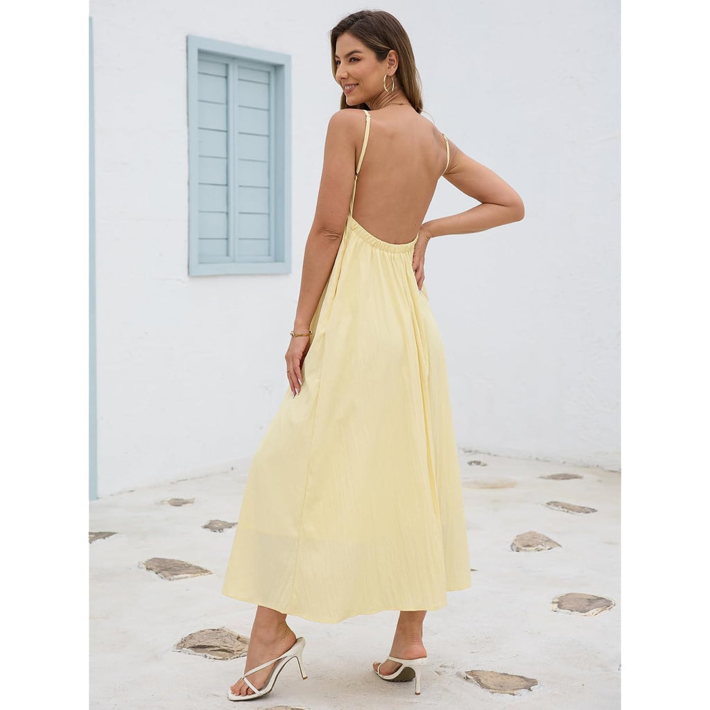 Women'S Dress V Neck Backless Spaghetti Strap Maxi Dress For Women Flowy Boho Casual Sundress