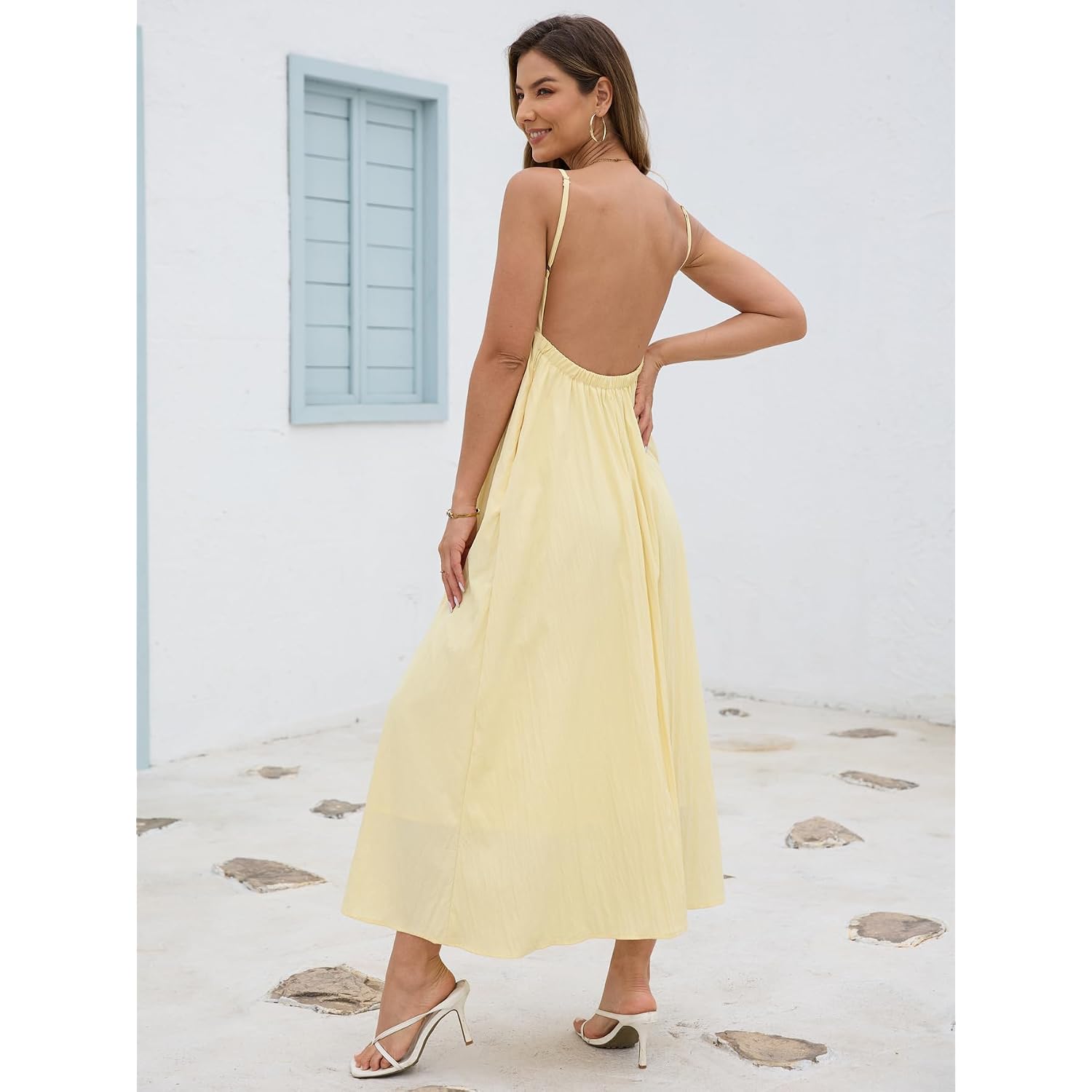 Women'S Dress V Neck Backless Spaghetti Strap Maxi Dress For Women Flowy Boho Casual Sundress