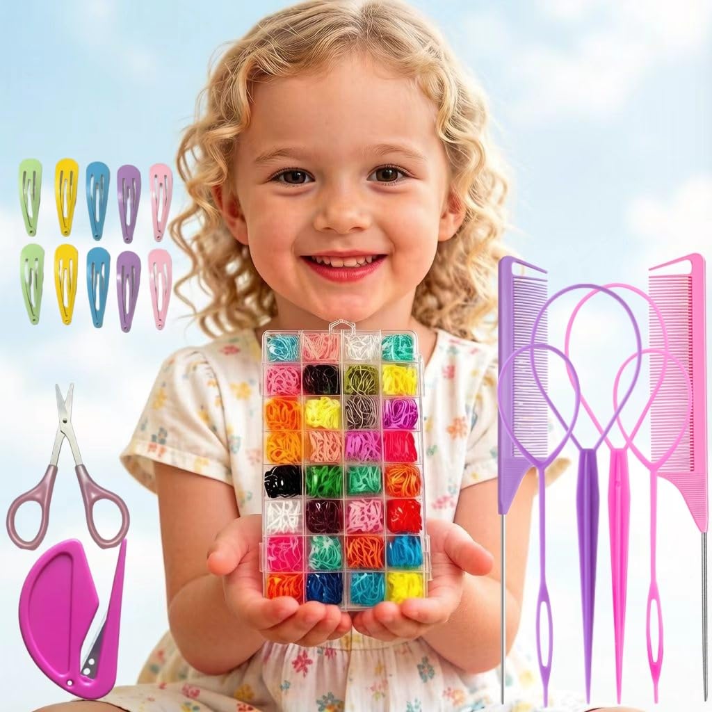 Aigee Small Hair Rubber Bands, 2000 Pcs In 32 Colors With 18 Styling Tools,Including Rat Tail Comb, Topsy Tail Tools, Snap Clips, And Elastic Cutter, Mini Elastic Hair Ties For Baby,Toddlers, Kids