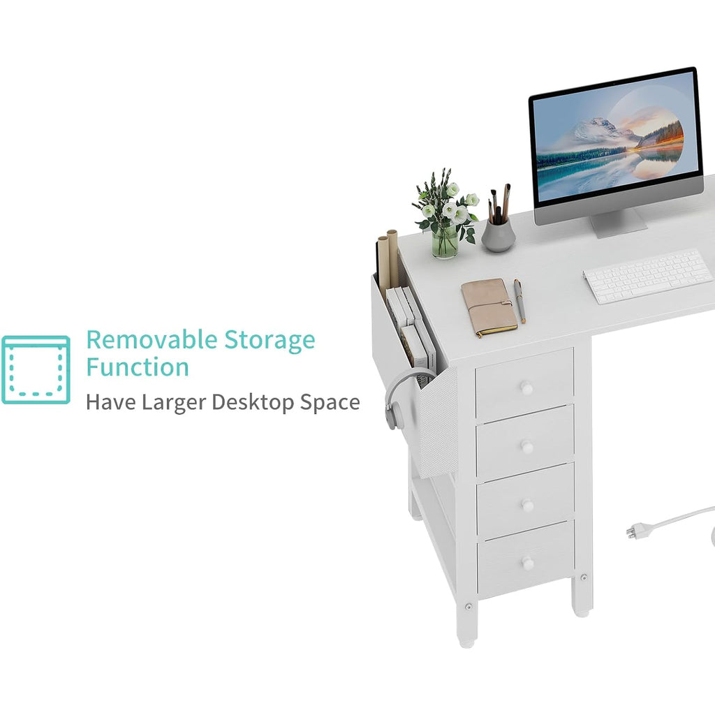 Lufeiya White L Shaped Computer Desk With Drawers & Storage Shelves, 47 Inch Corner Reversible Desk With Power Outlet For Home Office Bedroom, L-Shaped Teen Pc Desks With Fabric Drawer, White