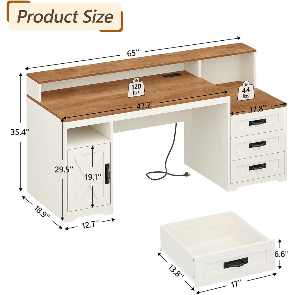 Tvu Farmhouse Computer Desk With Drawers, 65'' Home Office Desk With Power Outlets, Storage Cabinet And Printer Stand, Study Writing Desks With Long Monitor Stand, Brown And White
