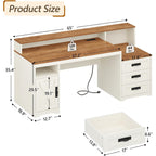 Tvu Farmhouse Computer Desk With Drawers, 65'' Home Office Desk With Power Outlets, Storage Cabinet And Printer Stand, Study Writing Desks With Long Monitor Stand, Brown And White