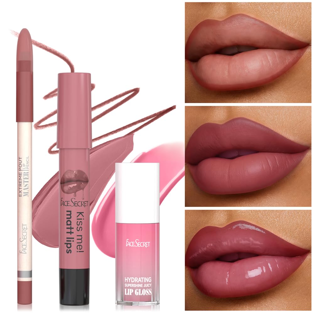3PCS Lip Liner and Lipstick Combo Set, Velvet Matte Lipstick Pencil & Hydrating Lip Gloss - High Pigment Nude Brown Collection, Long-Lasting Moisturizing Lip Liner for Defining