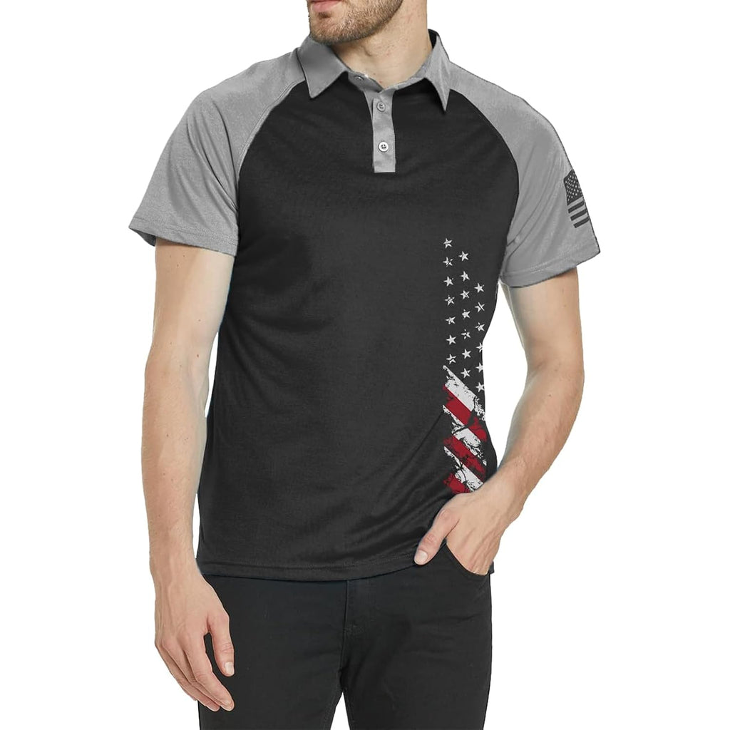 Men'S Polo Shirt Short Sleeve Quick Dry American Flag Print Graphic Split Color Golf Shirt For Sport