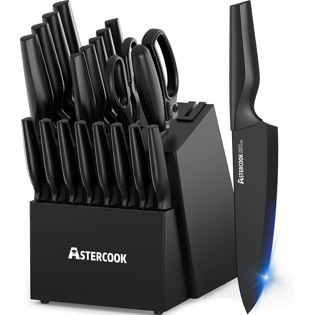 Knife Set, Astercook 21 Pieces Knife Sets for Kitchen with Block, Dishwasher Safe Kitchen Knife Set with Built-in Sharpener, German Stainless Steel Black Knife Block Set Mothers Day Gifts