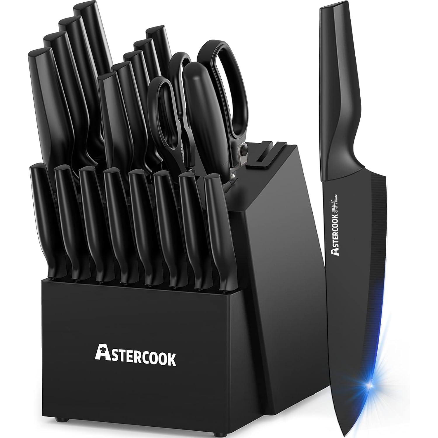 Knife Set, Astercook 21 Pieces Knife Sets for Kitchen with Block, Dishwasher Safe Kitchen Knife Set with Built-in Sharpener, German Stainless Steel Black Knife Block Set Mothers Day Gifts