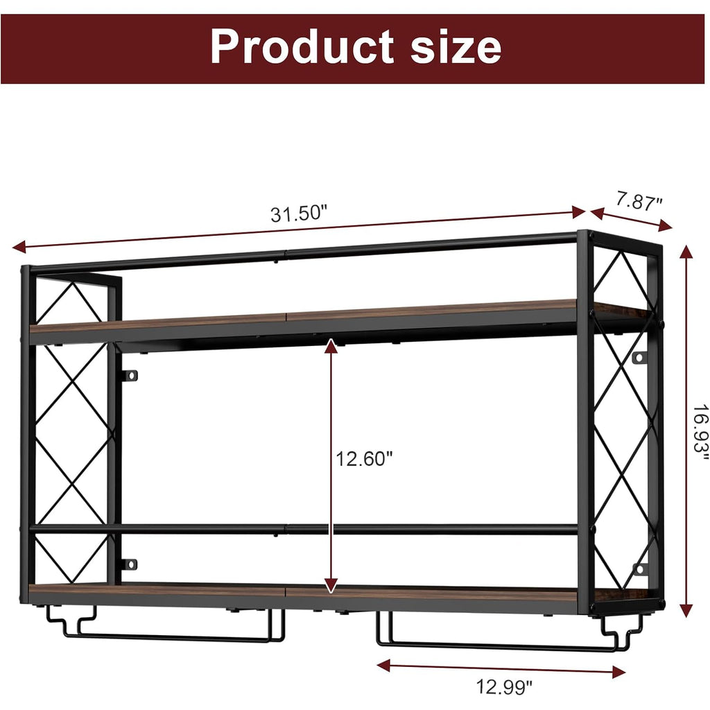 Wine Rack Wall Mounted 2 Tier Wall Wine Rack With Glass Holder, Double Layer Anti-Drop Crossbar, 31.5" Metal Wood Wall Mount Wine Holder For Home Kitchen Dining Room Coffee Shop Bar, Black