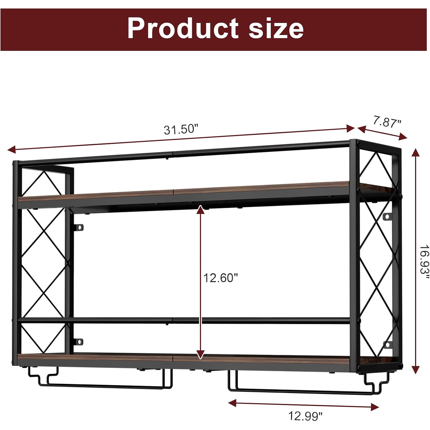 Wine Rack Wall Mounted 2 Tier Wall Wine Rack With Glass Holder, Double Layer Anti-Drop Crossbar, 31.5" Metal Wood Wall Mount Wine Holder For Home Kitchen Dining Room Coffee Shop Bar, Black