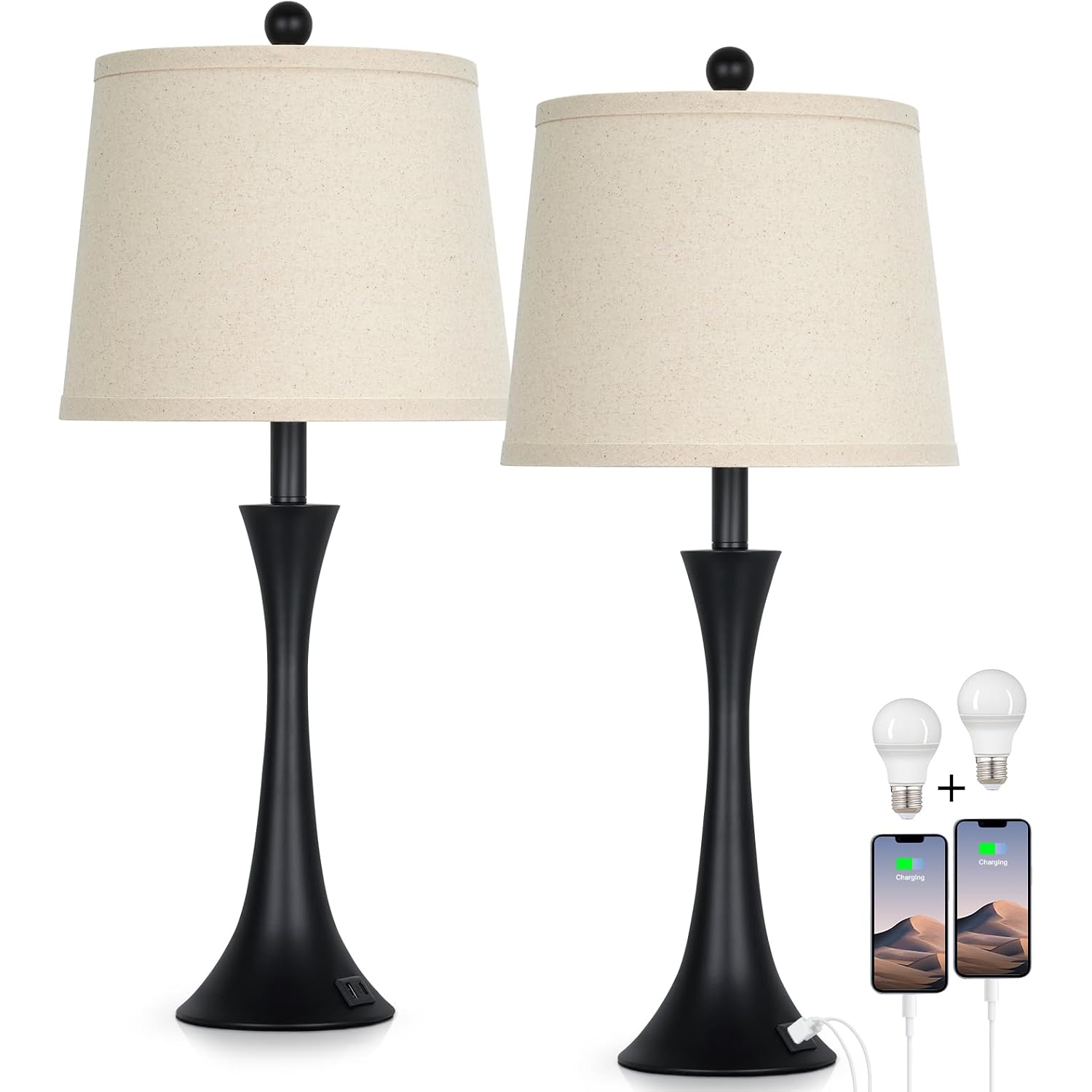 27.5" Table Lamps Set Of 2, Touch Bedside Lamps With Usb C+A Ports, 3 Way Dimmable Nightstand Lamps For Bedroom, Living Room, Office, Black Lamp With Beige Lampshade, Bulbs Included